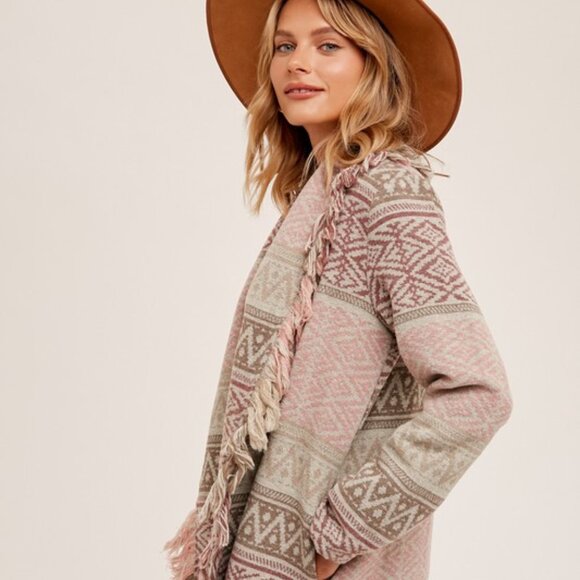 New Western Fringe Sweater Coat Southwest Boho Long Cardigan, Cowichan Vtg - Picture 6 of 10